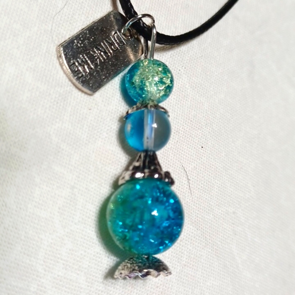 Alice in Wonderland potion bottle pendant necklace handmade blue green silver